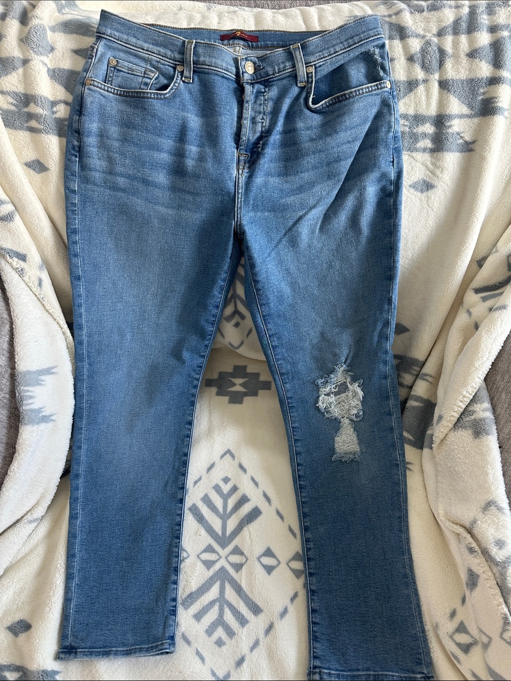 7 For All Mankind Mid Blue Skinny Jeans with Distressed Knee